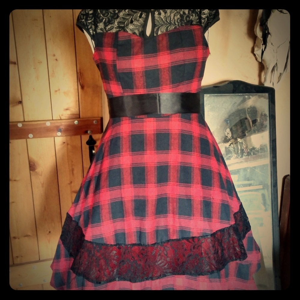 Vintage Inspired Red & Black Plaid Dress Lace